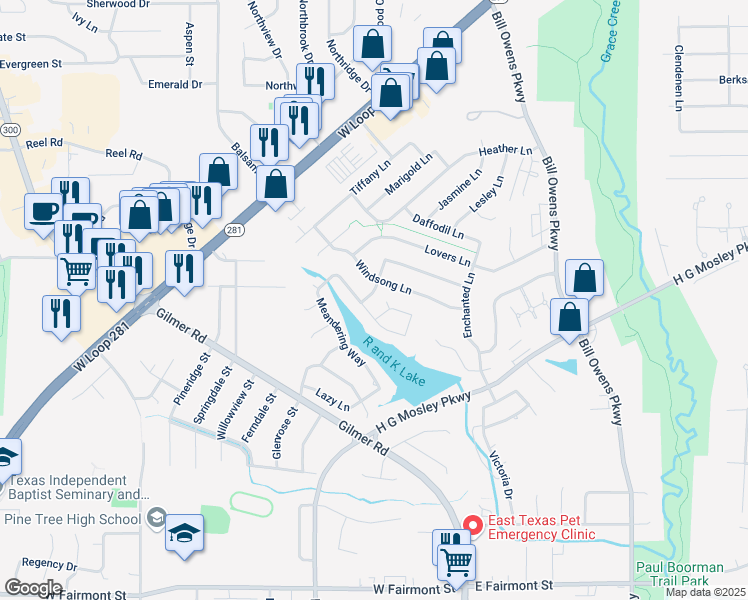 map of restaurants, bars, coffee shops, grocery stores, and more near 1400 Secluded Lane in Longview