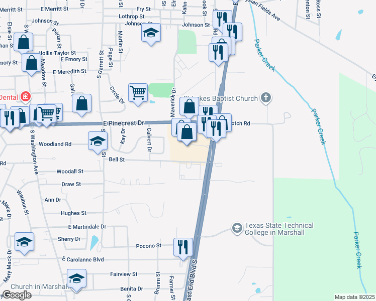 map of restaurants, bars, coffee shops, grocery stores, and more near 1300 East Pinecrest Drive in Marshall