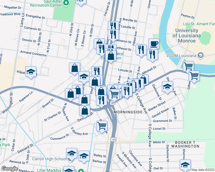 map of restaurants, bars, coffee shops, grocery stores, and more near 1 Cole Avenue in Monroe