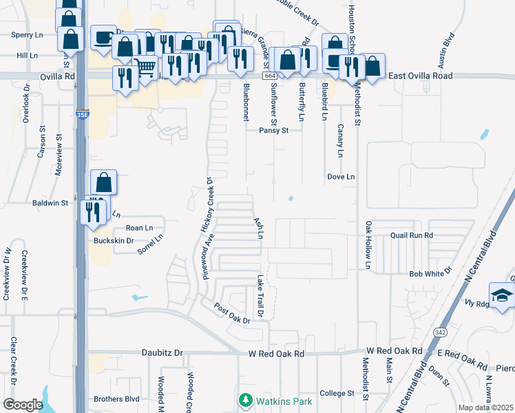 map of restaurants, bars, coffee shops, grocery stores, and more near 727 Ash Lane in Red Oak