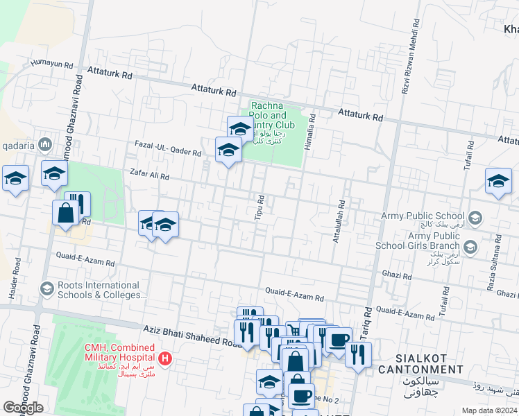 map of restaurants, bars, coffee shops, grocery stores, and more near Tipu Road in Sialkot