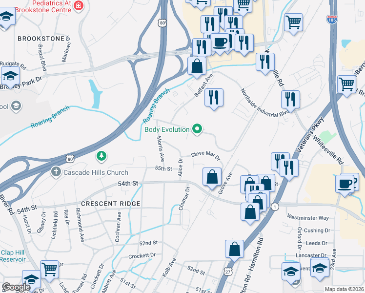 map of restaurants, bars, coffee shops, grocery stores, and more near 5612 Alice Drive in Columbus