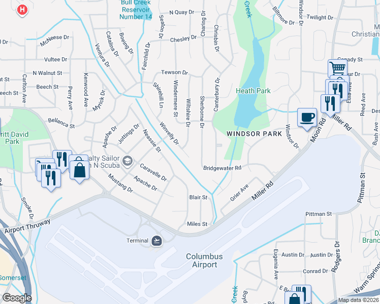 map of restaurants, bars, coffee shops, grocery stores, and more near 5607 Winvelly Drive in Columbus