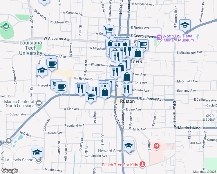 map of restaurants, bars, coffee shops, grocery stores, and more near 214 West Colorado Avenue in Ruston