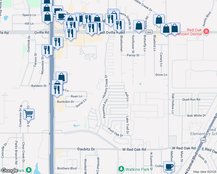 map of restaurants, bars, coffee shops, grocery stores, and more near 700 Locustberry Drive in Red Oak