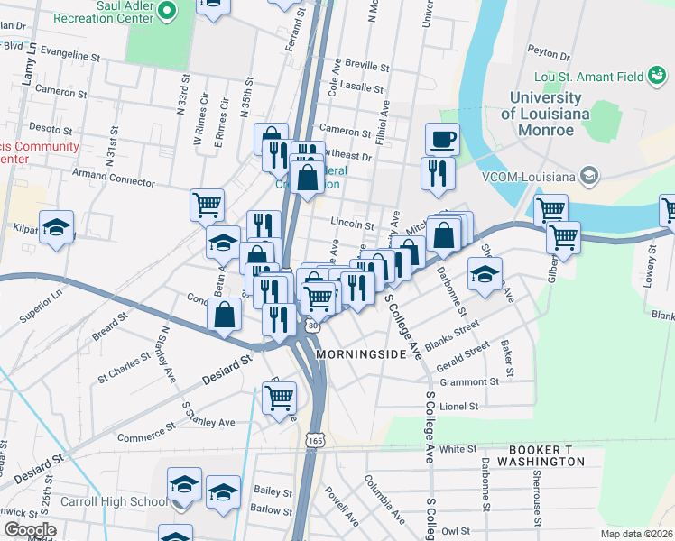 map of restaurants, bars, coffee shops, grocery stores, and more near 200 North McGuire Avenue in Monroe