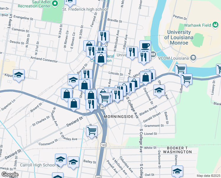 map of restaurants, bars, coffee shops, grocery stores, and more near 204 North McGuire Avenue in Monroe