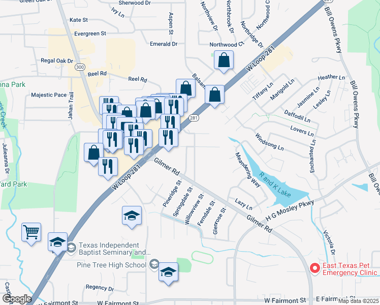 map of restaurants, bars, coffee shops, grocery stores, and more near 1712 Pineridge Street in Longview