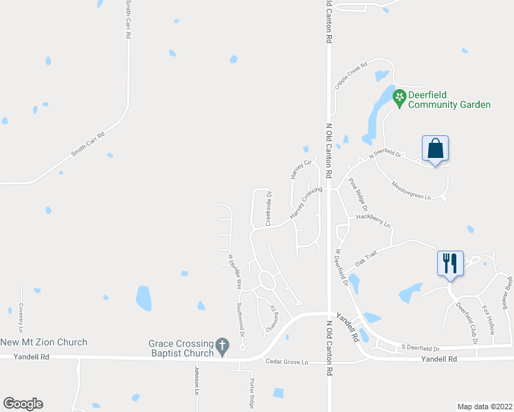 map of restaurants, bars, coffee shops, grocery stores, and more near 110 Creekside Drive in Canton