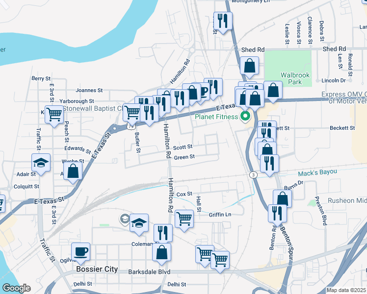 map of restaurants, bars, coffee shops, grocery stores, and more near Scott Street in Bossier City