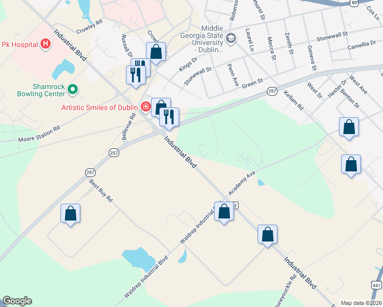 map of restaurants, bars, coffee shops, grocery stores, and more near 507 Industrial Boulevard in Dublin