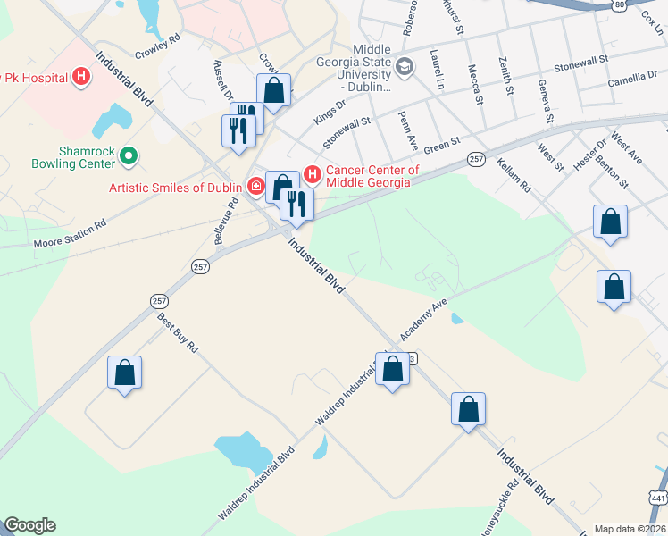 map of restaurants, bars, coffee shops, grocery stores, and more near 507 Industrial Boulevard in Dublin