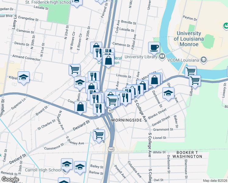 map of restaurants, bars, coffee shops, grocery stores, and more near 200 North McGuire Avenue in Monroe