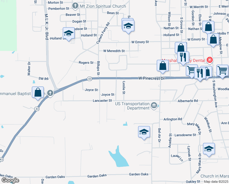 map of restaurants, bars, coffee shops, grocery stores, and more near 1502 Joyce Street in Marshall