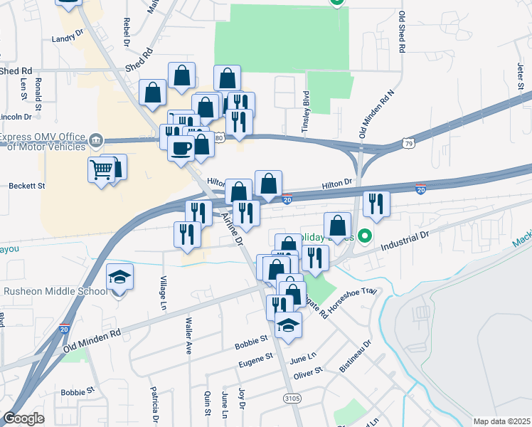 map of restaurants, bars, coffee shops, grocery stores, and more near 3050 Knolin Drive in Bossier City