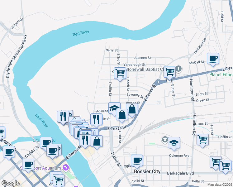 map of restaurants, bars, coffee shops, grocery stores, and more near 316 Edwards Street in Bossier City