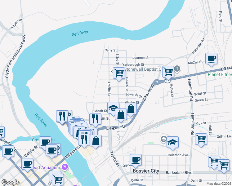 map of restaurants, bars, coffee shops, grocery stores, and more near 316 Edwards Street in Bossier City