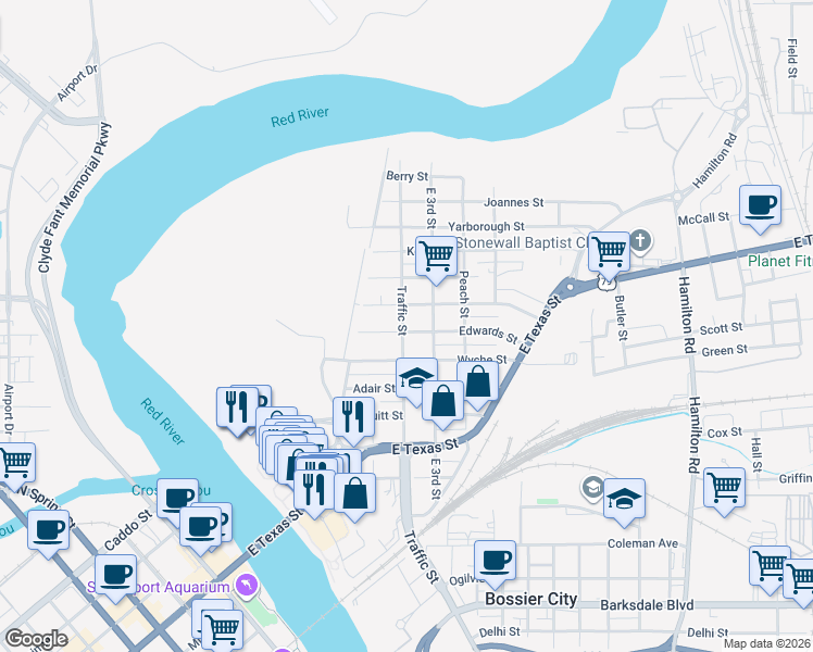 map of restaurants, bars, coffee shops, grocery stores, and more near 316 Edwards Street in Bossier City