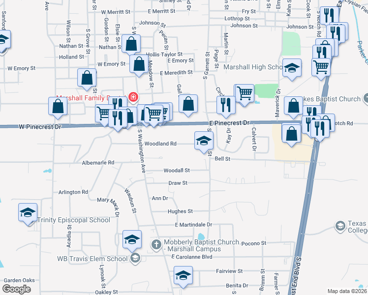 map of restaurants, bars, coffee shops, grocery stores, and more near 402 Woodland Road in Marshall