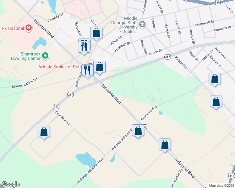 map of restaurants, bars, coffee shops, grocery stores, and more near 507 Industrial Boulevard in Dublin