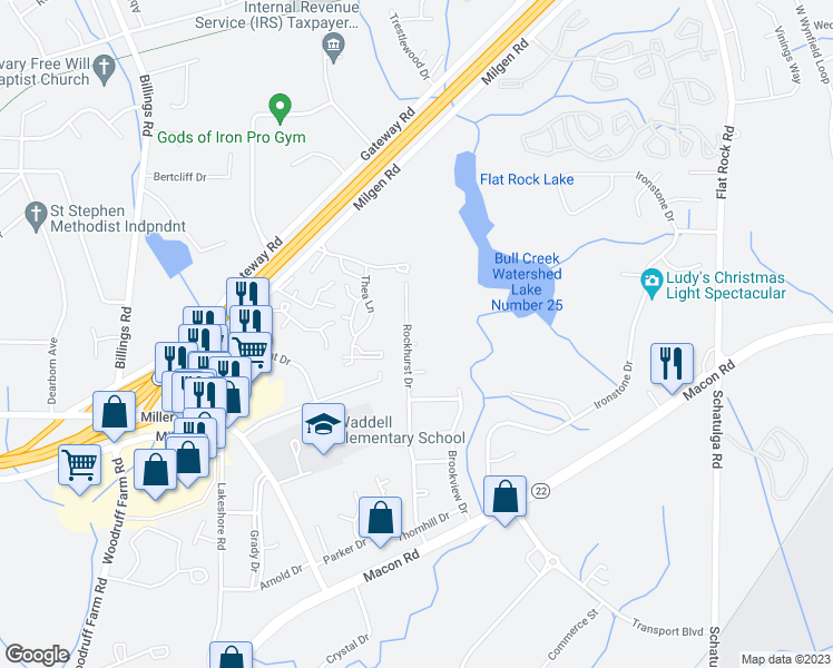 map of restaurants, bars, coffee shops, grocery stores, and more near 5600 Rockhurst Drive in Columbus