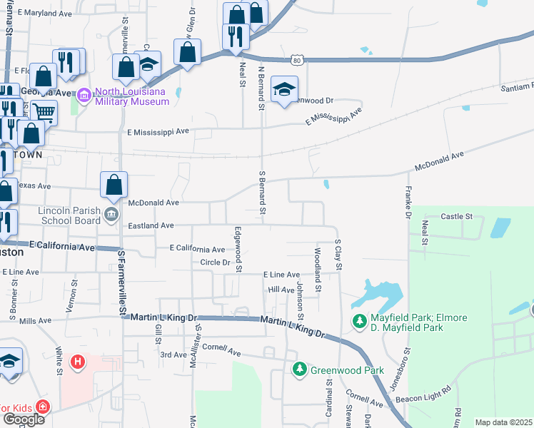 map of restaurants, bars, coffee shops, grocery stores, and more near 1092-1398 Eastland Avenue in Ruston