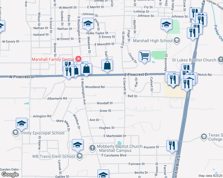 map of restaurants, bars, coffee shops, grocery stores, and more near 402 Woodland Road in Marshall