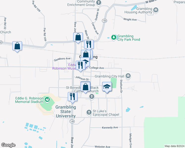 map of restaurants, bars, coffee shops, grocery stores, and more near in Grambling