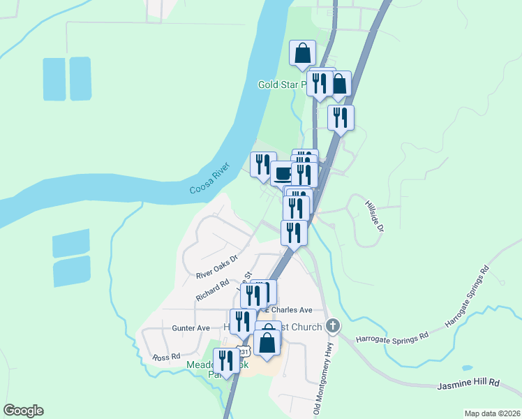 map of restaurants, bars, coffee shops, grocery stores, and more near 440 River Ridge Street in Wetumpka