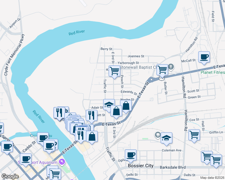 map of restaurants, bars, coffee shops, grocery stores, and more near 316 Edwards Street in Bossier City
