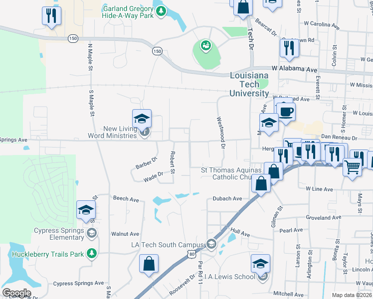 map of restaurants, bars, coffee shops, grocery stores, and more near 502 University Boulevard in Ruston