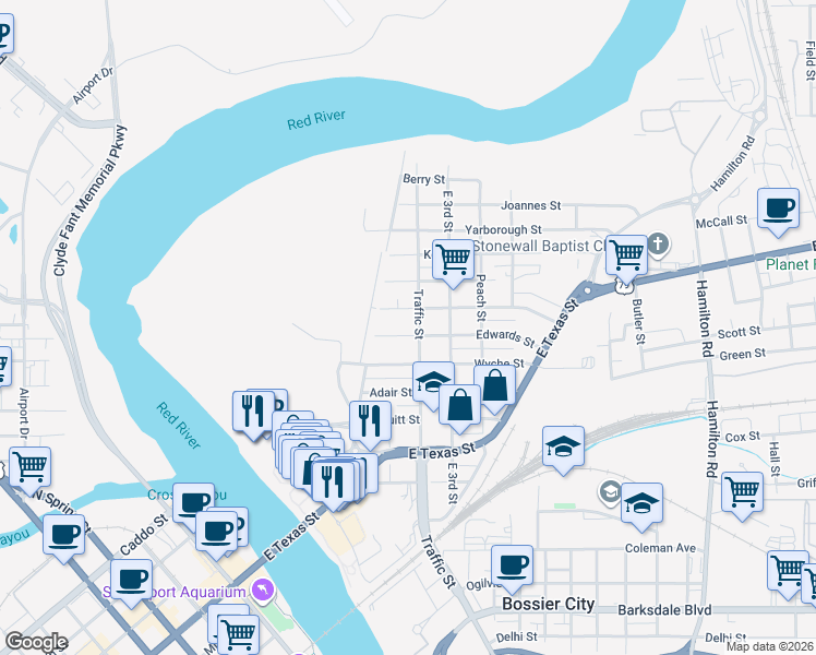 map of restaurants, bars, coffee shops, grocery stores, and more near 218 Edwards Street in Bossier City