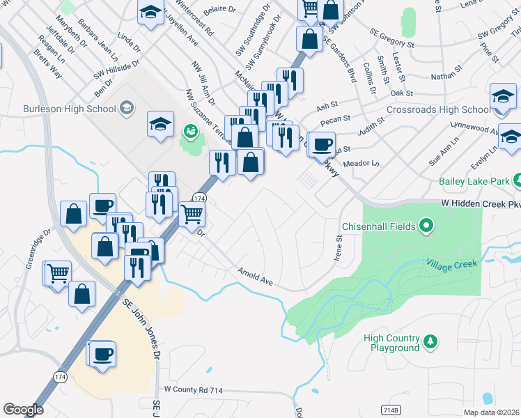 map of restaurants, bars, coffee shops, grocery stores, and more near 1009 Miles Avenue in Burleson