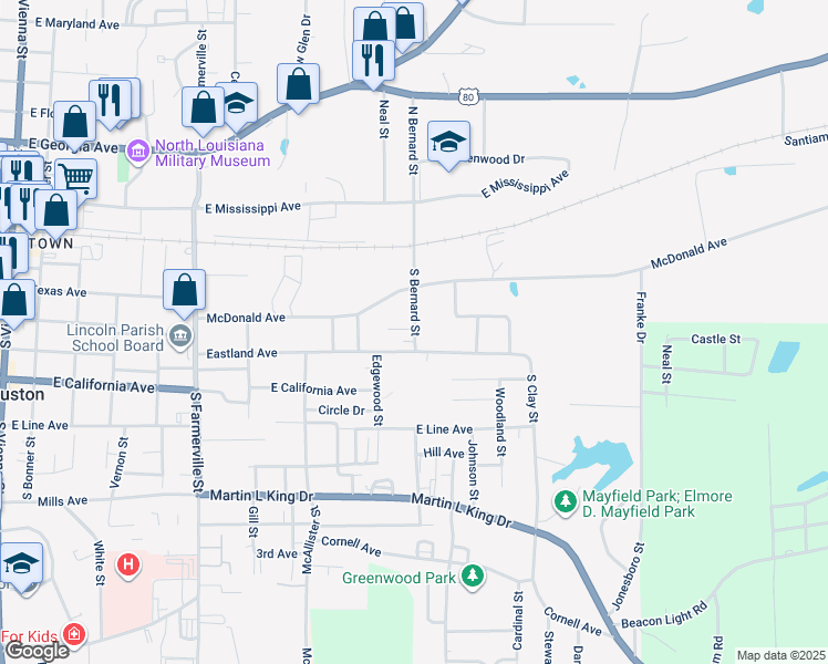 map of restaurants, bars, coffee shops, grocery stores, and more near 1092-1398 Eastland Avenue in Ruston