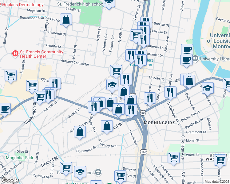 map of restaurants, bars, coffee shops, grocery stores, and more near 3202 Franklin St in Monroe