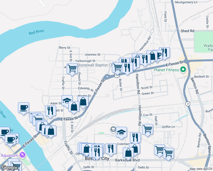 map of restaurants, bars, coffee shops, grocery stores, and more near 1400 East Texas Street in Bossier City