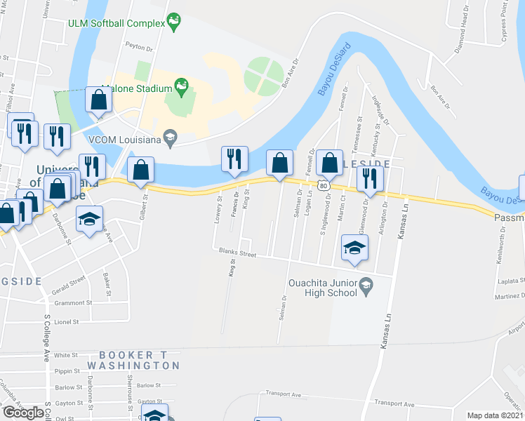 map of restaurants, bars, coffee shops, grocery stores, and more near 5312 Desiard Street in Monroe