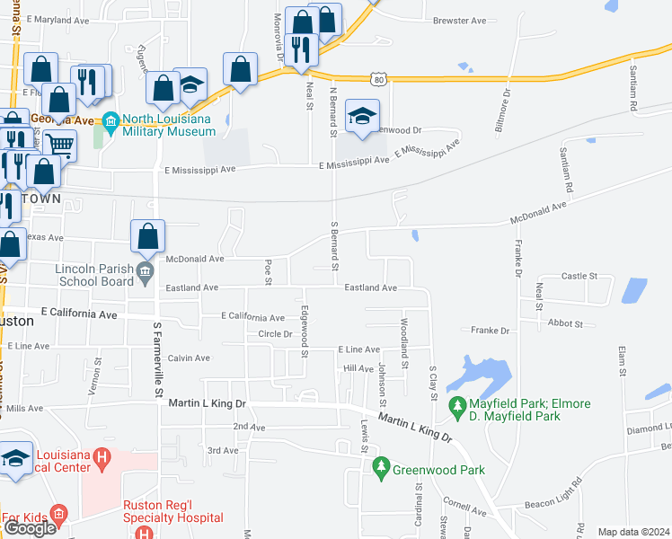 map of restaurants, bars, coffee shops, grocery stores, and more near 219 South Bernard Street in Ruston
