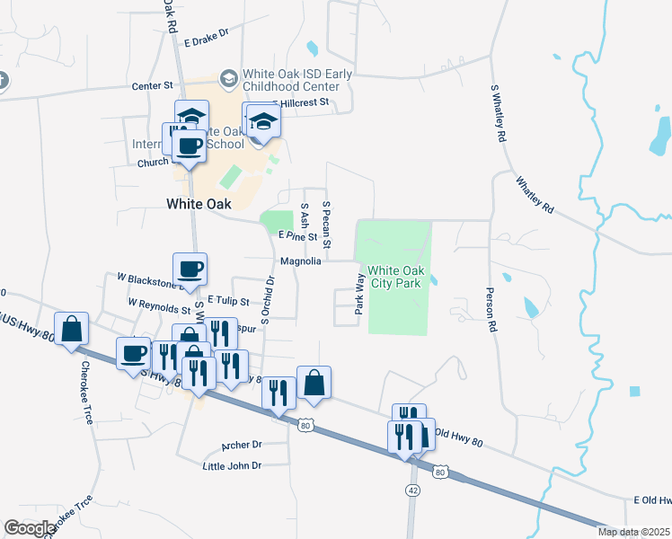 map of restaurants, bars, coffee shops, grocery stores, and more near 311-345 South Walnut Street in White Oak