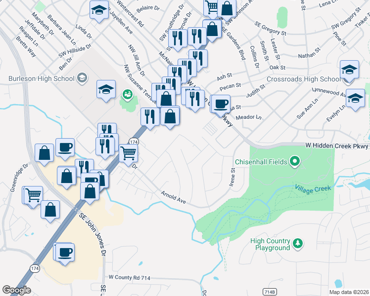 map of restaurants, bars, coffee shops, grocery stores, and more near 1025 Vaden Avenue in Burleson
