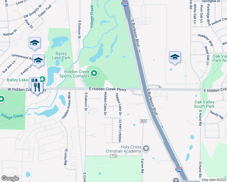 map of restaurants, bars, coffee shops, grocery stores, and more near 409 Hidden Cove Court in Burleson