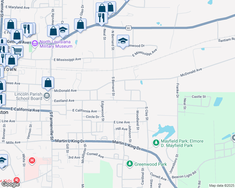 map of restaurants, bars, coffee shops, grocery stores, and more near 1200 McDonald Avenue in Ruston