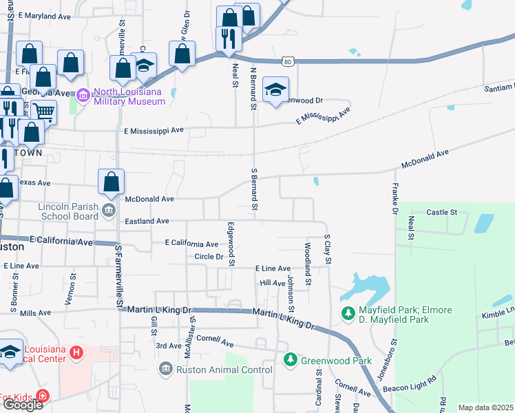 map of restaurants, bars, coffee shops, grocery stores, and more near 1200 McDonald Avenue in Ruston
