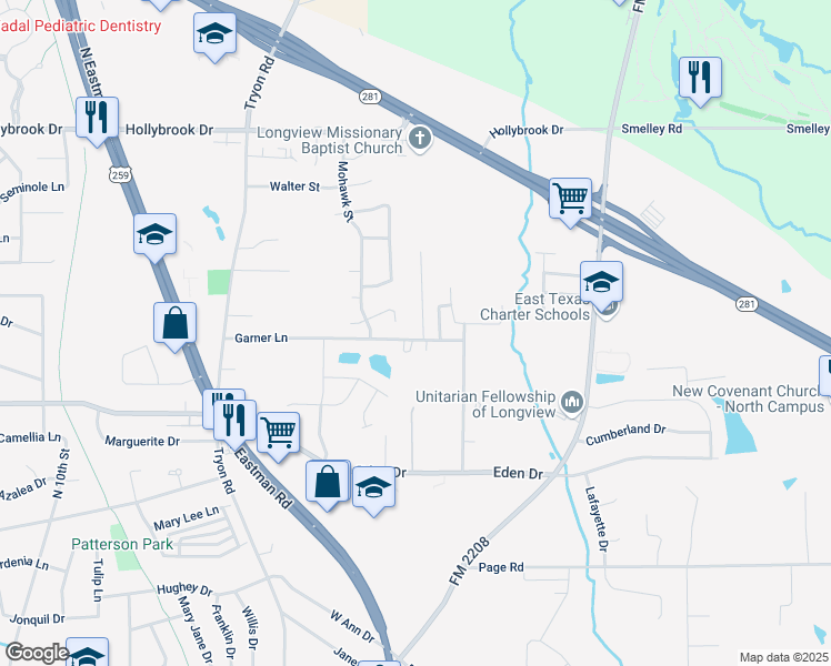 map of restaurants, bars, coffee shops, grocery stores, and more near 2401 Clayton Street in Longview