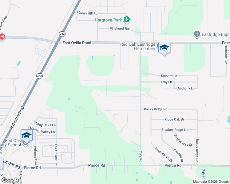 map of restaurants, bars, coffee shops, grocery stores, and more near 217 Castle Creek Drive in Red Oak
