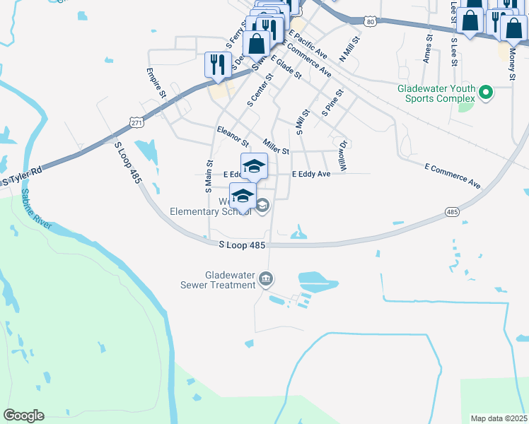 map of restaurants, bars, coffee shops, grocery stores, and more near 314 East Saunders Street in Gladewater