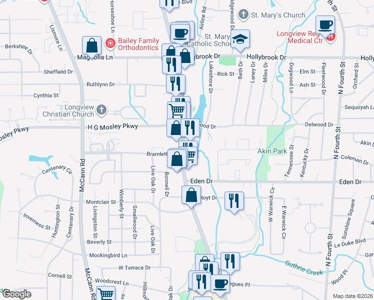 map of restaurants, bars, coffee shops, grocery stores, and more near 1701 Lakeshore Dr in Longview