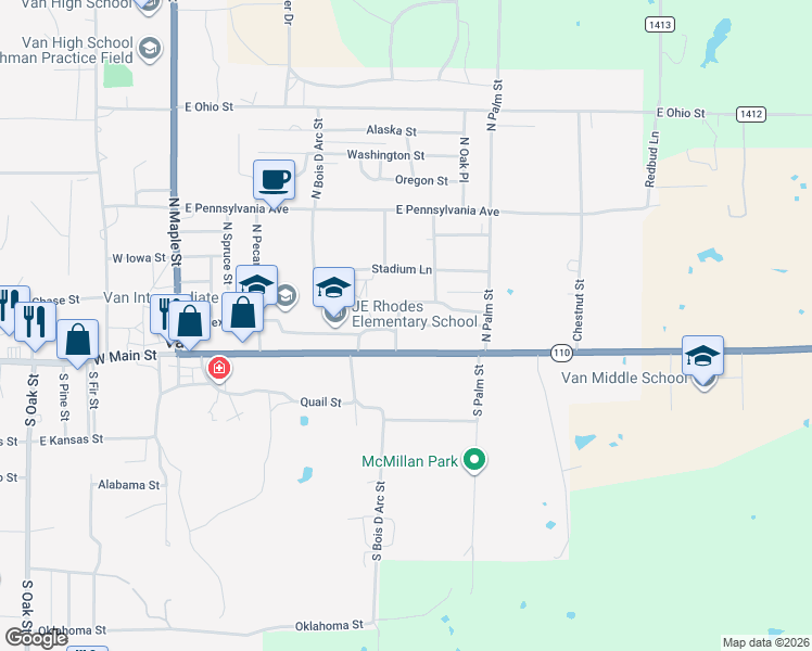 map of restaurants, bars, coffee shops, grocery stores, and more near 209 Olive Street in Van