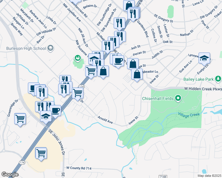 map of restaurants, bars, coffee shops, grocery stores, and more near 1001 Darren Drive in Burleson