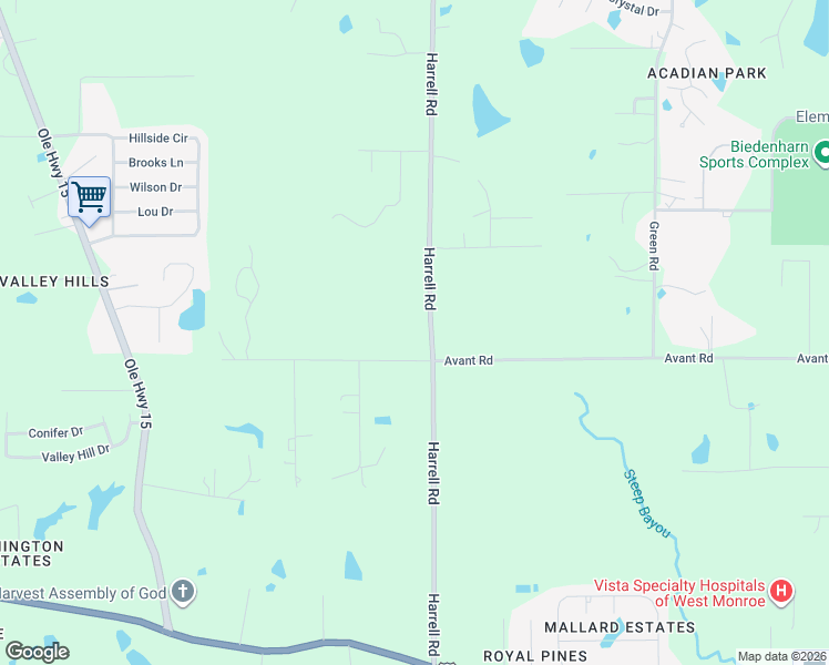 map of restaurants, bars, coffee shops, grocery stores, and more near 515 Harrell Road in West Monroe